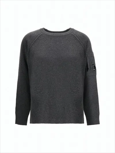 C.P. COMPANY RELAXED FIT DARK GREY WOOL BLEND SWEATER WITH PATCH POCKET