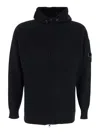 C.p. Company Black Cardigan With Drawstring Hood And Logo Plaque On The Sleeve In Black