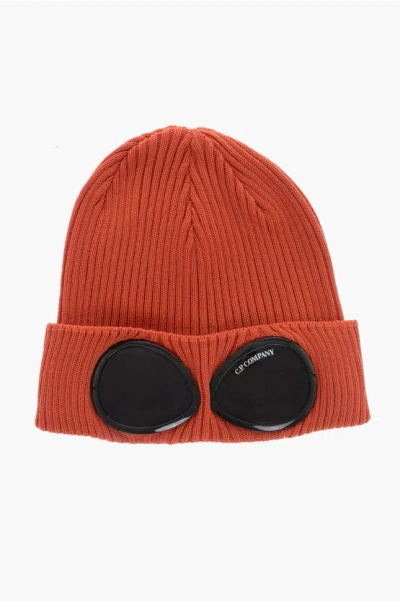 C.p. Company Ribbed Cotton Beanie With Goggles Detail In Orange