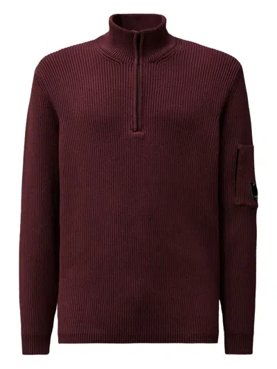 C.p. Company Ribbed Half-zip Sweater In Burgundy