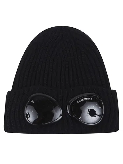 C.p. Company Ribbed Knit Beanie With Iconic Goggle Lenses In Black