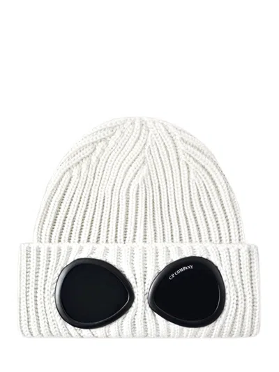 C.p. Company Cp Company Ribbed Knit Beanie With Stitched Logo Label And Goggle Lenses In Bianco