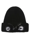 C.p. Company Ribbed Knit Beanie With Iconic Goggle Lenses In Black