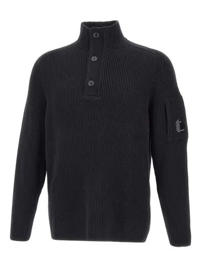 C.p. Company Ribbed Lens-pocket Sweater In Black