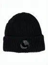 C.p. Company Black Knit Beanie With Logo Plaque On The Front In Wool Man In Black