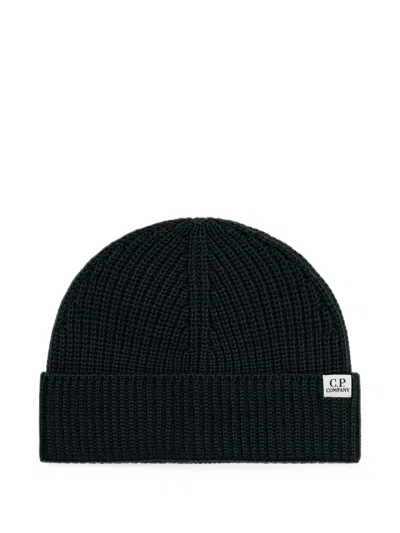 C.p. Company Ribbed-knit Logo-patch Beanie Hat In Green