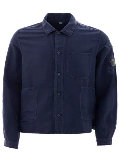 C.p. Company Shirt With Pockets In Mixed Linen  In Blu