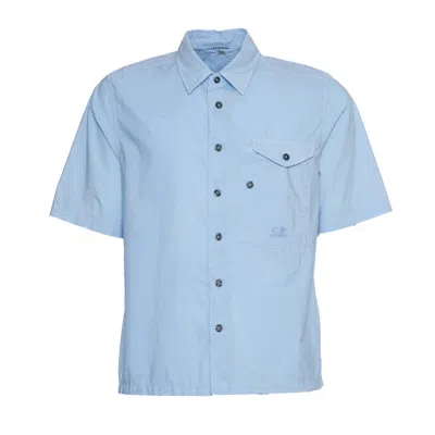 C.p. Company Short Sleeve Popeline Shirt With Classic Collar In Blue