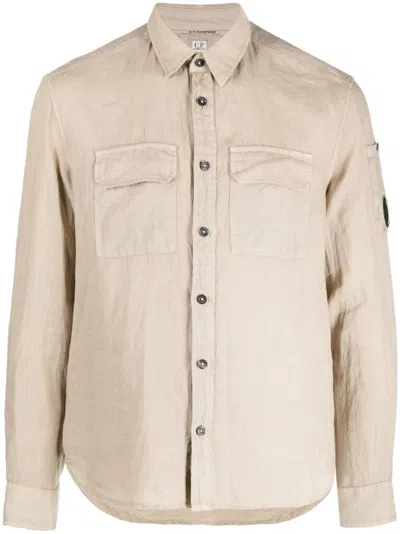 C.p. Company Signature Lens-detail Linen Shirt In Brown