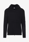 C.p. Company Signature Lens Ribbed Knit Cardigan With Hood In Black