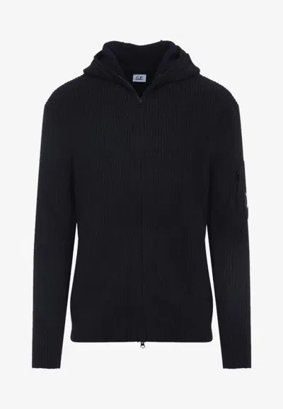 C.p. Company Signature Lens Ribbed Knit Cardigan With Hood In Black