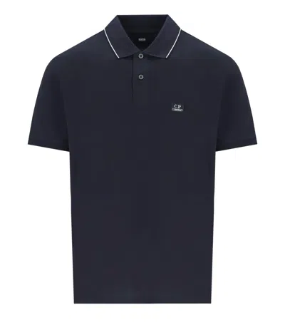 C.p. Company Black Polo Shirt With Classic Collar With Contrsting Detail And Logo Patch On The Front In Blue