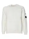 C.p. Company Timeless Crew Neck Sweater With Iconic Lens Detail In White