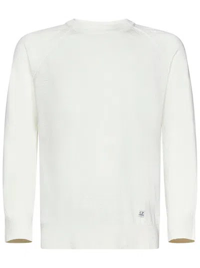 C.p. Company Linen Crew Neck Sweater With Logo Detail In White
