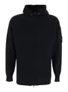 C.p. Company Black Cardigan With Drawstring Hood And Logo Plaque On The Sleeve In Black