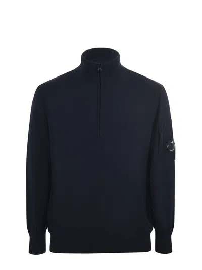 C.p. Company High Collar Zip Sweater In Blue