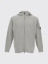 C.p. Company Grey Cardigan With Drawstring Hood And Logo Plaque On The Sleeve In Wool Blend Man In Gray