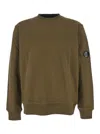 C.p. Company Green Crew Neck Sweater With Logo Plaque On The Sleeve In Cotton Man In Brown