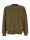 C.p. Company Green Crew Neck Sweater With Logo Plaque On The Sleeve In Cotton Man In Brown