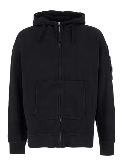 C.p. Company Men Black Sweatshirt With Logo Plaque On The Sleeve And Google Detail On The Hood In Co