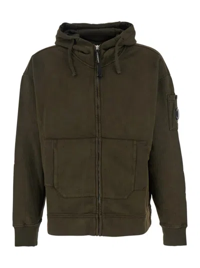 C.p. Company Sweatshirts Hooded Open In Brushed Emerized Diagonal Fleece In Green