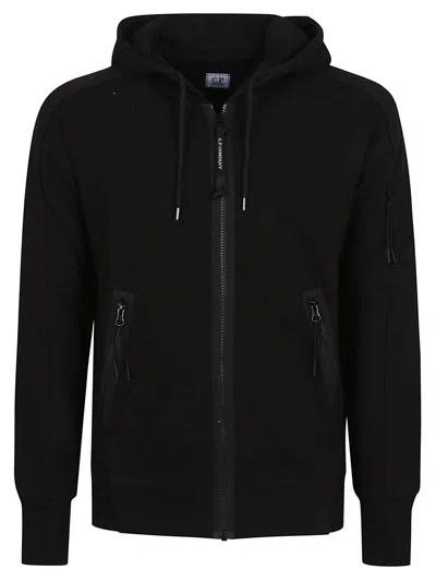C.p. Company Sweatshirts Hooded Open In Diagonal Raised Fleece In Black