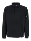 C.p. Company Black Sweatshirt With Polo Shirt Style Collar And Logo Plaque On The Sleeve In Black