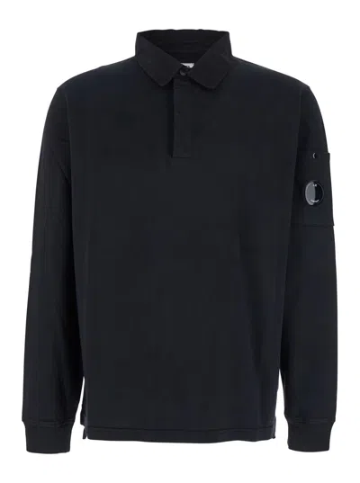 C.P. COMPANY BLACK SWEATSHIRT WITH POLO SHIRT STYLE COLLAR AND LOGO PLAQUE ON THE SLEEVE IN COTTON MAN