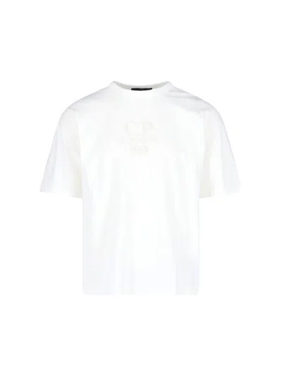 C.P. COMPANY WHITE T-SHIRT WITH LOGO EMBROIDERED ON THE FRONT TONE-ON-TONE IN COTTON MAN