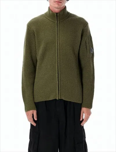 C.P. COMPANY TEXTURED GREEN ZIP-UP KNITWEAR WITH HIGH COLLAR