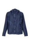 C.p. Company Textured Linen Jacket With Functional Hood And Built-in Glasses In Blue