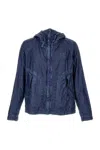 C.p. Company Textured Linen Jacket With Functional Hood And Built-in Glasses In Blue
