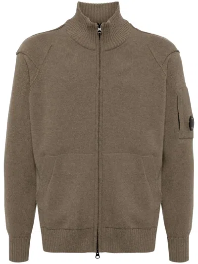 C.p. Company Lens-detail Fine-knit Cardigan In Brown