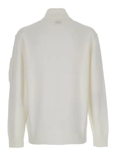 C.p. Company White Cardigan With High Neck And Lens Motif Applied On The Sleeve In Cotton Man