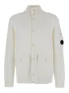 C.p. Company White Cardigan With High Neck And Lens Motif Applied On The Sleeve In Cotton Man In White