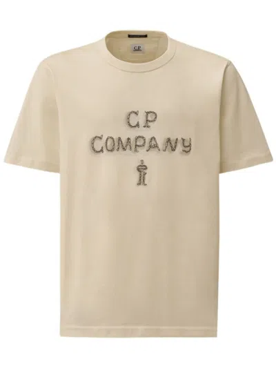 C.p. Company White Crewneck Embroidered Logo T-shirt In Brown
