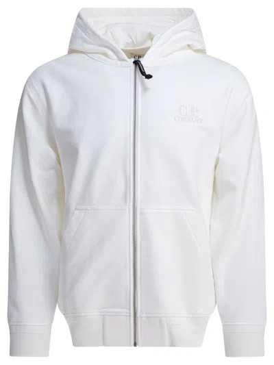C.p. Company White Full Zip Sweatshirt With Brushed Cotton Fleece