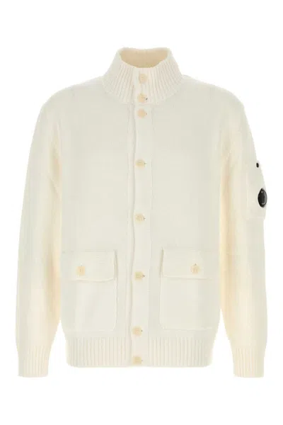 C.p. Company White High Neck Logo Cardigan
