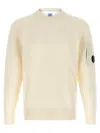 C.p. Company Men White Crewneck Sweater With Logo Plaque On The Sleeve In Wool Blend Man In Neutral