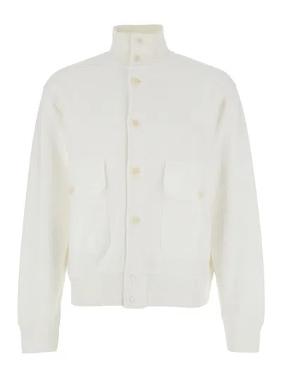 C.P. COMPANY WHITE SWEATER WITH HIGH NECK AND FRONT BUTTON CLOSURE IN COTTON MAN