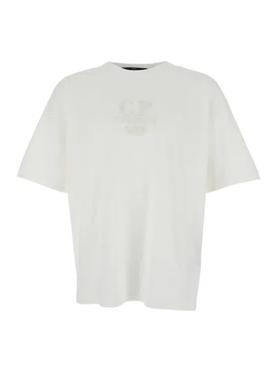 C.p. Company White T-shirt With Logo Embroidered On The Front Tone-on-tone In Cotton Man