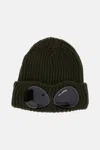 C.p. Company Green Knit Beanie With Googles Detail On The Front In Green