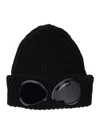 C.p. Company Black Knit Beanie With Googles Detail On The Front In Black