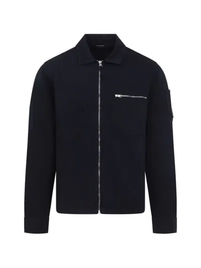 C.p. Company Overshirt With Zip In Organic Gabardine In Blue
