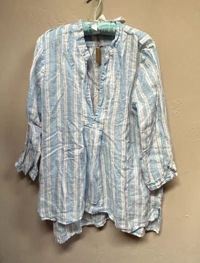 Pre-owned Cp Shades 1058-419 Wash Striped Linen Split Neck Tunic Top Size M Blue White