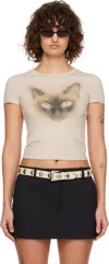 Cplus Beige Kitten Print Fitted T-shirt In Light Khaki