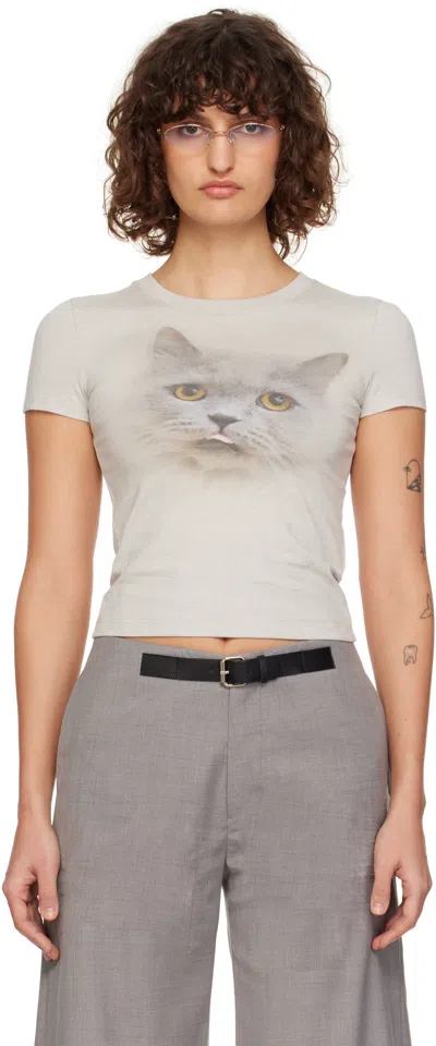 Cplus Gray Kitten Print Fitted T-shirt In Lightgray