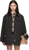 Cplus Series Black Leather-collar Multi-pockets Distressed Jacket In Black