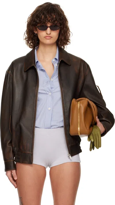 Cplus Ssense Exclusive Brown Distressed Short Leather Jacket In Dark Brown
