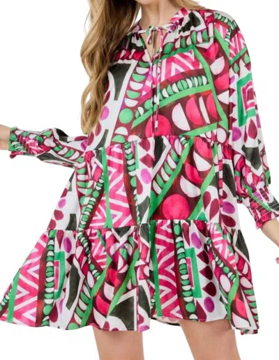 Cq By Cq Neck Bow Tie Long Sleeve Dress In Lipstick Multi